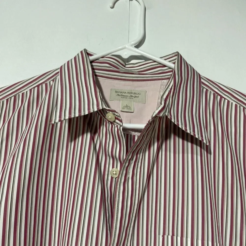 Banana Republic Shirt Mens Large Button Up Flip Cuffs Slim Fit Red White Stripes